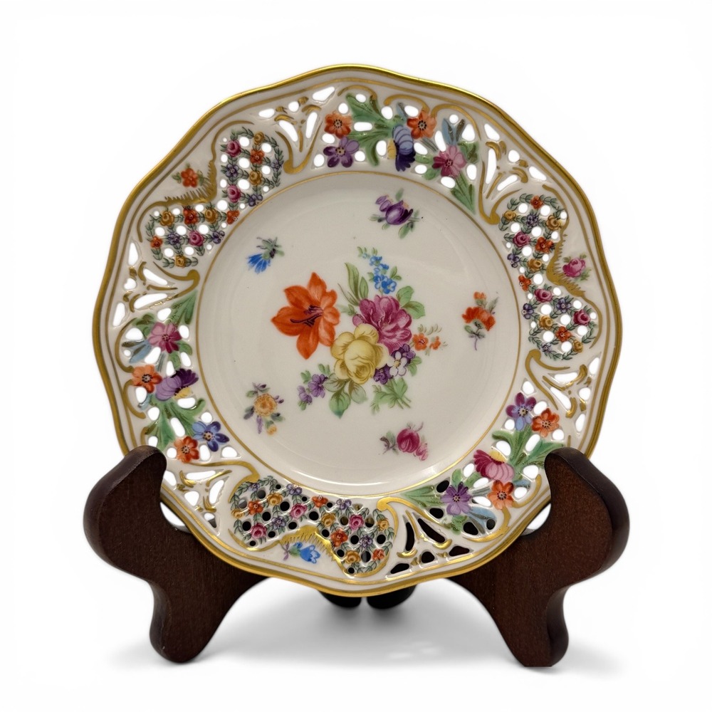 Vintage Schumann Arzberg Germany Chateau Dresden Flowers 6" Reticulated Plate - Picture 10 of 12